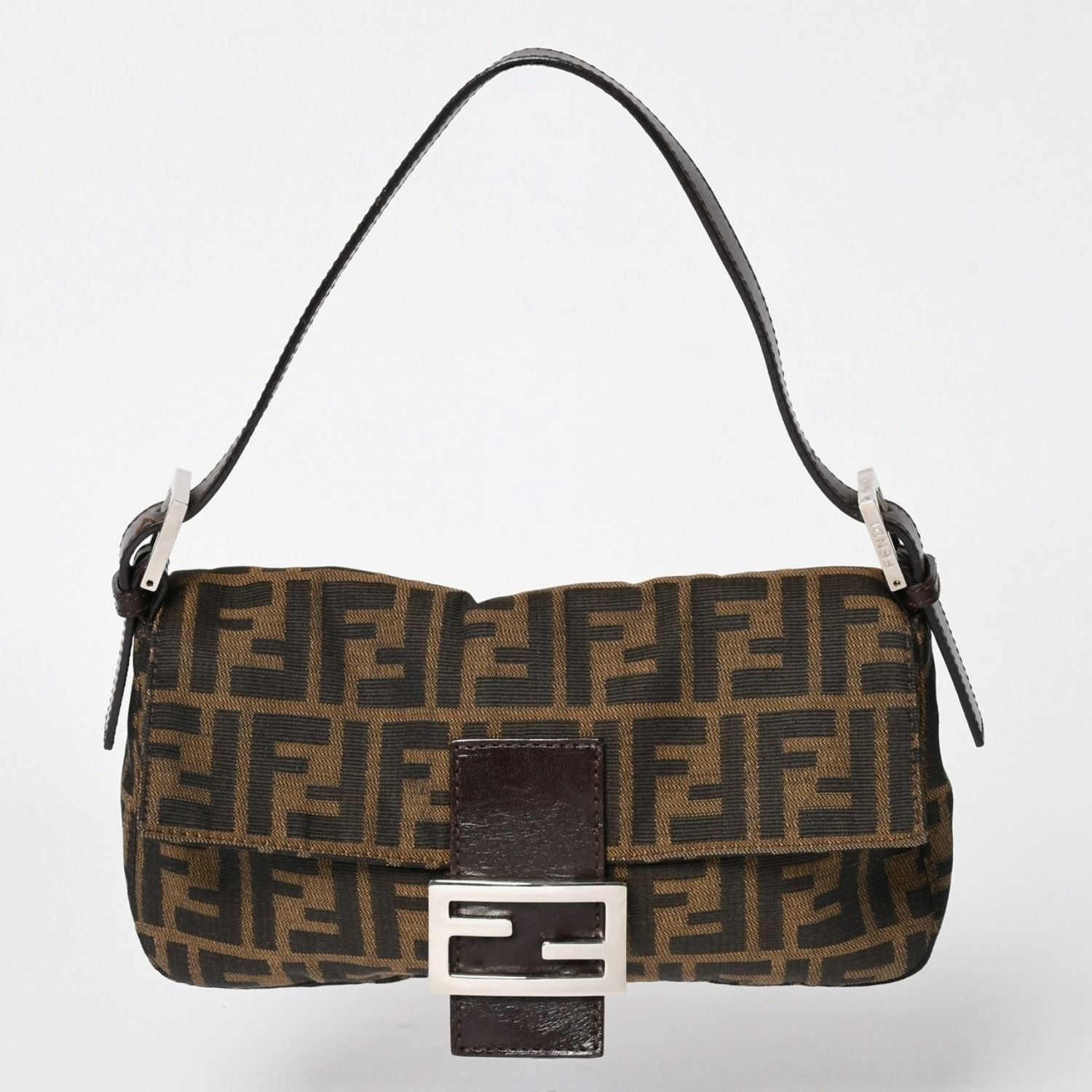 Fendi Mamma Baguette Bag Canvas Leather Brown Zucca Pattern Silver