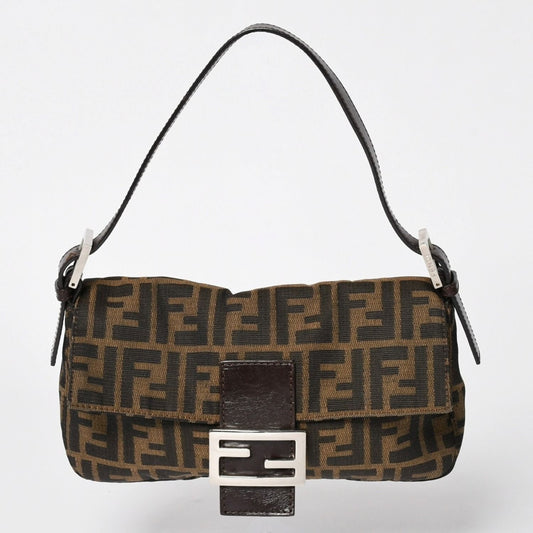 Fendi Mamma Baguette Bag Canvas Leather Brown Zucca Pattern Silver