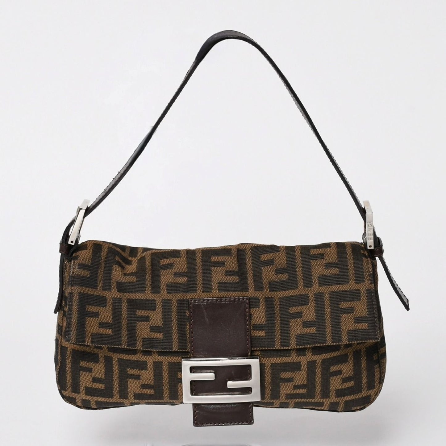 Fendi Mamma Baguette Bag Canvas Leather Brown Zucca Pattern Silver