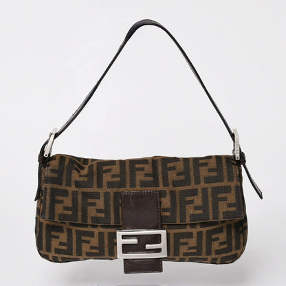 Fendi Mamma Baguette Bag Canvas Leather Brown Zucca Pattern Silver