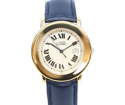 Cartier 925 Must Ronde LM Vermeil Date Ivory Roman Dial Leather Quartz