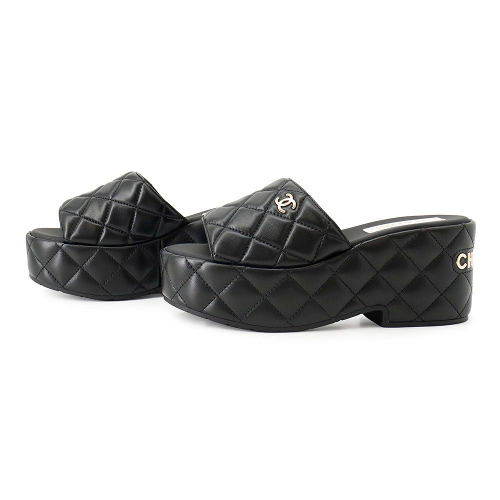 Chanel Sandals CC Logo Quilted Wedge Sole Lambskin c Shoes Black 38 — view 2