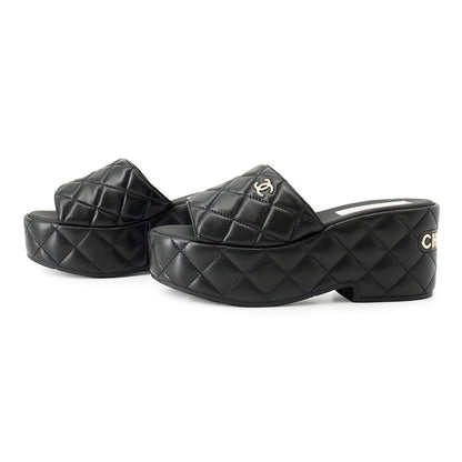 Chanel Sandals CC Logo Quilted Wedge Sole Lambskin c Shoes Black 38 — view 2