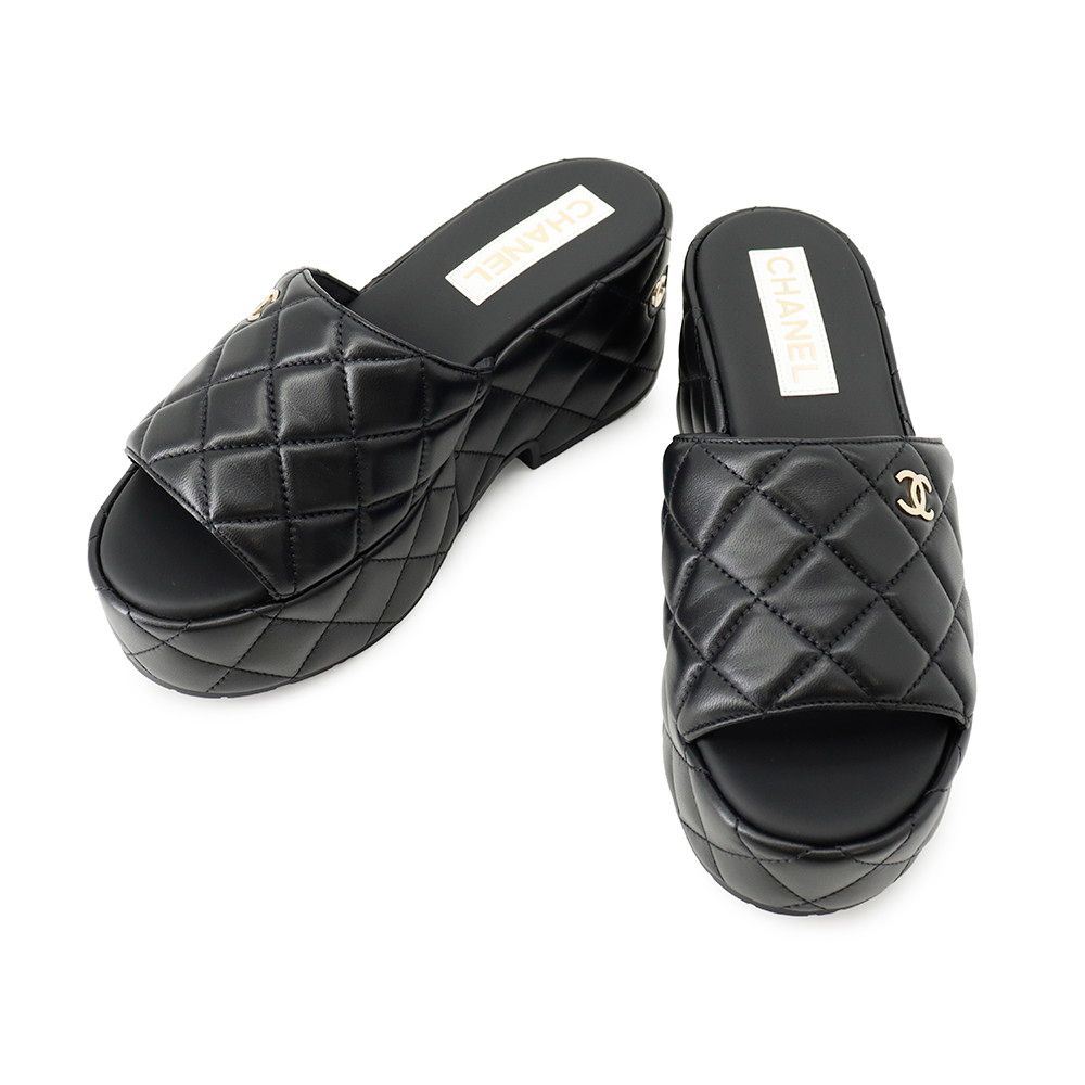 Chanel Sandals CC Logo Quilted Wedge Sole Lambskin c Shoes Black 38