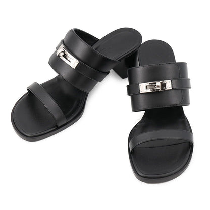 Hermes Sandals Ninon 50 Calf Leather Shoes Black 36