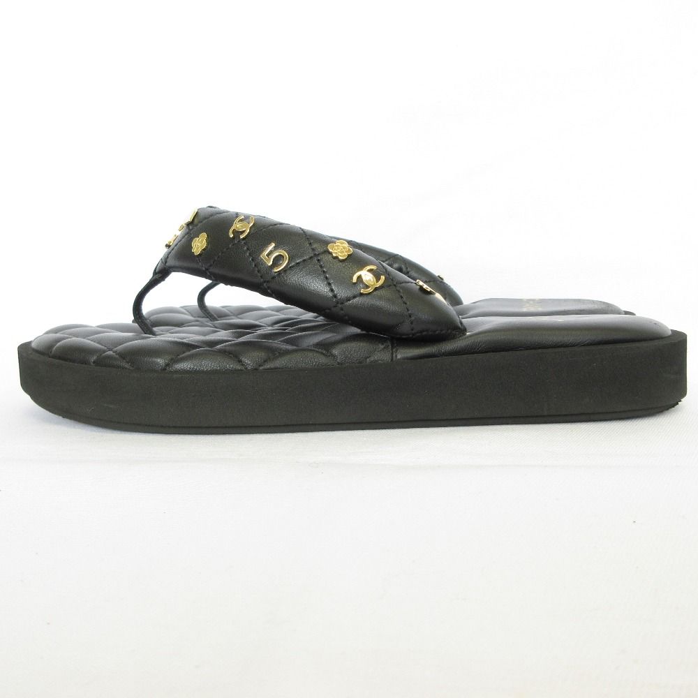 Chanel Quilted CC Logo Leather Thong Sandals c Black 38 — view 2