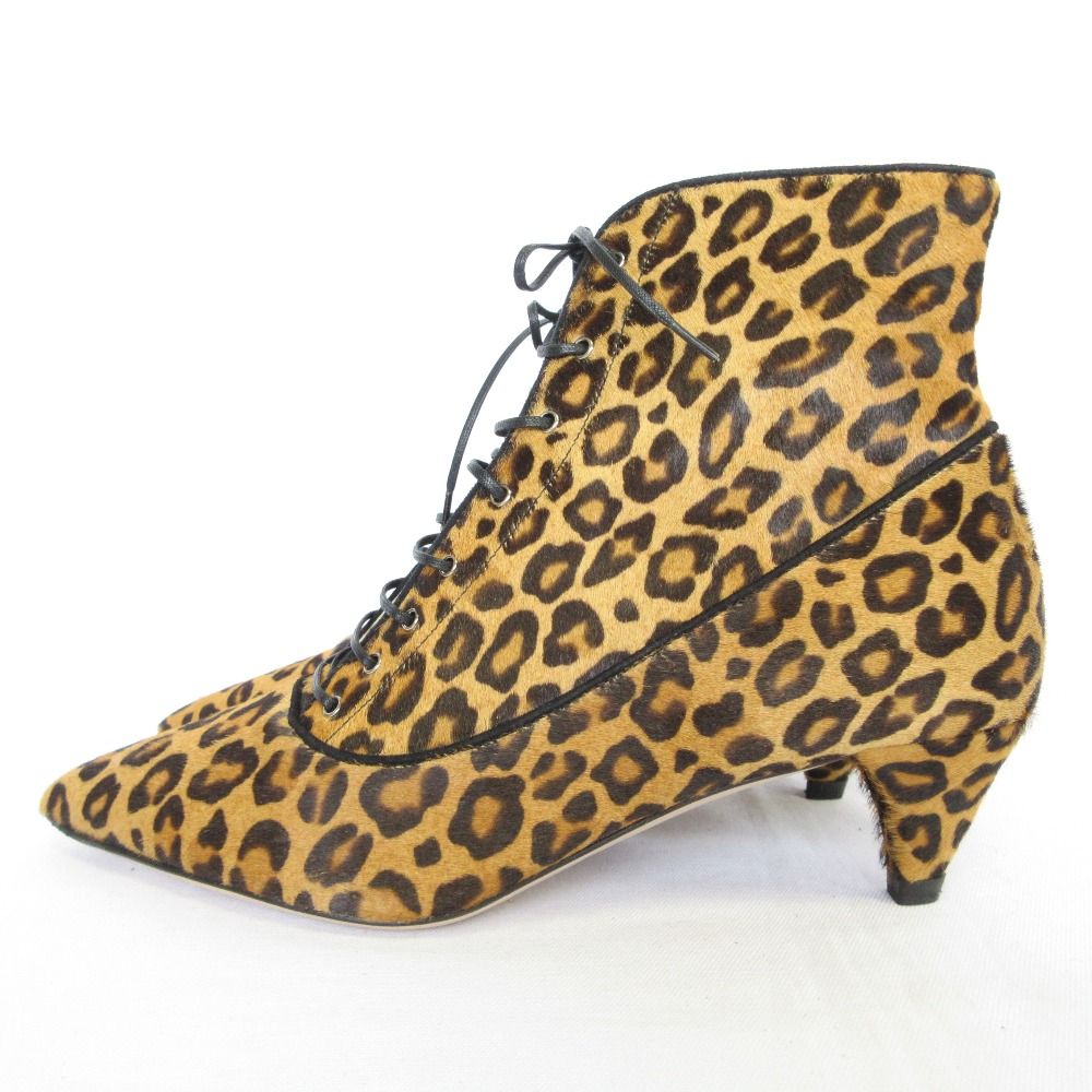 Miu Miu Leopard Pattern Calf Hair Leather Pointed Toe Lace Up Boots — view 2
