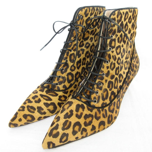 Miu Miu Leopard Pattern Calf Hair Leather Pointed Toe Lace Up Boots