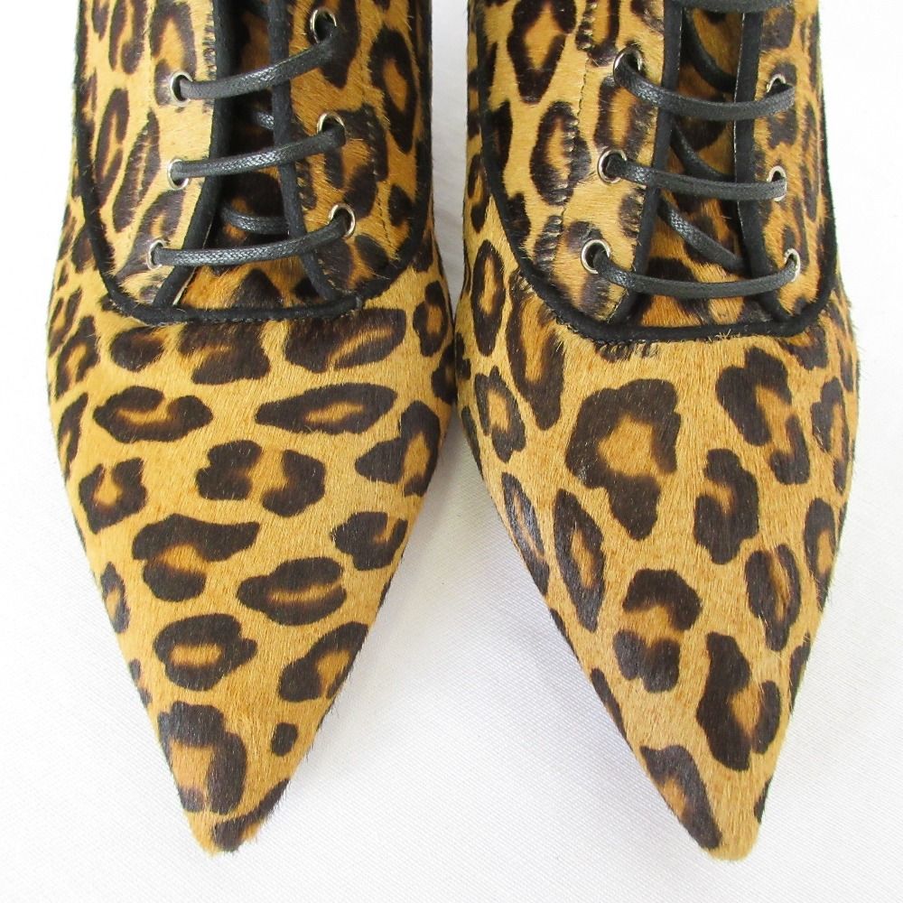 Miu Miu Leopard Pattern Calf Hair Leather Pointed Toe Lace Up Boots — view 4