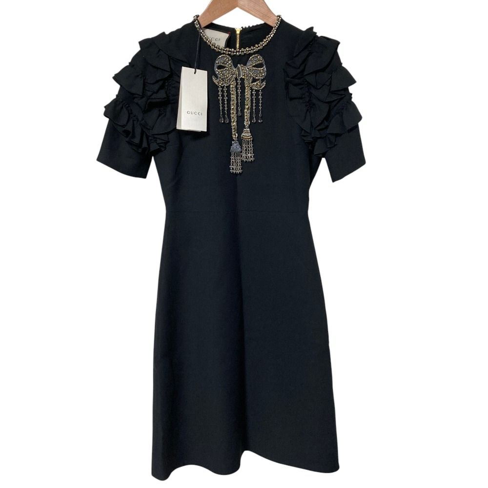 Gucci Bijou Ribbon Decoration Frill Sleeve Dress 36 Black