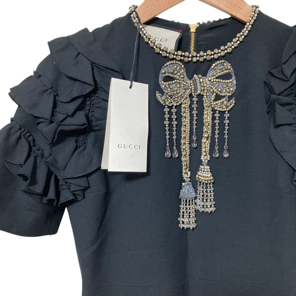 Gucci Bijou Ribbon Decoration Frill Sleeve Dress 36 Black — view 3