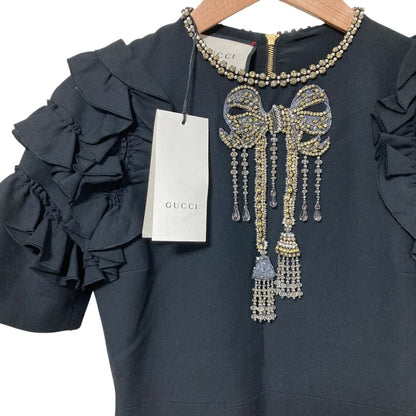 Gucci Bijou Ribbon Decoration Frill Sleeve Dress 36 Black — view 3