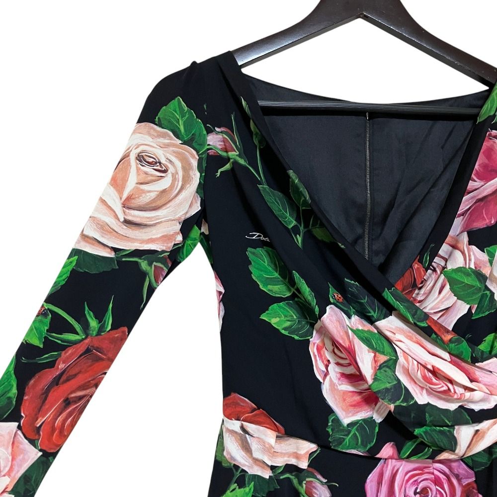 Dolce & Gabbana Rose Print Silk Cache Drape Dress 36 Black — view 3