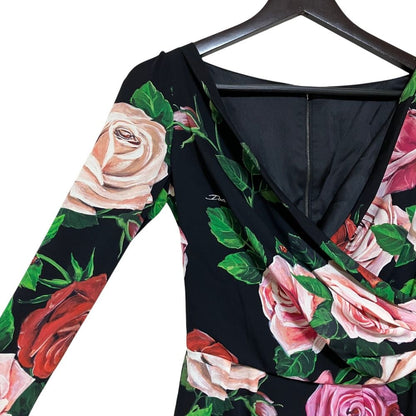 Dolce & Gabbana Rose Print Silk Cache Drape Dress 36 Black — view 3