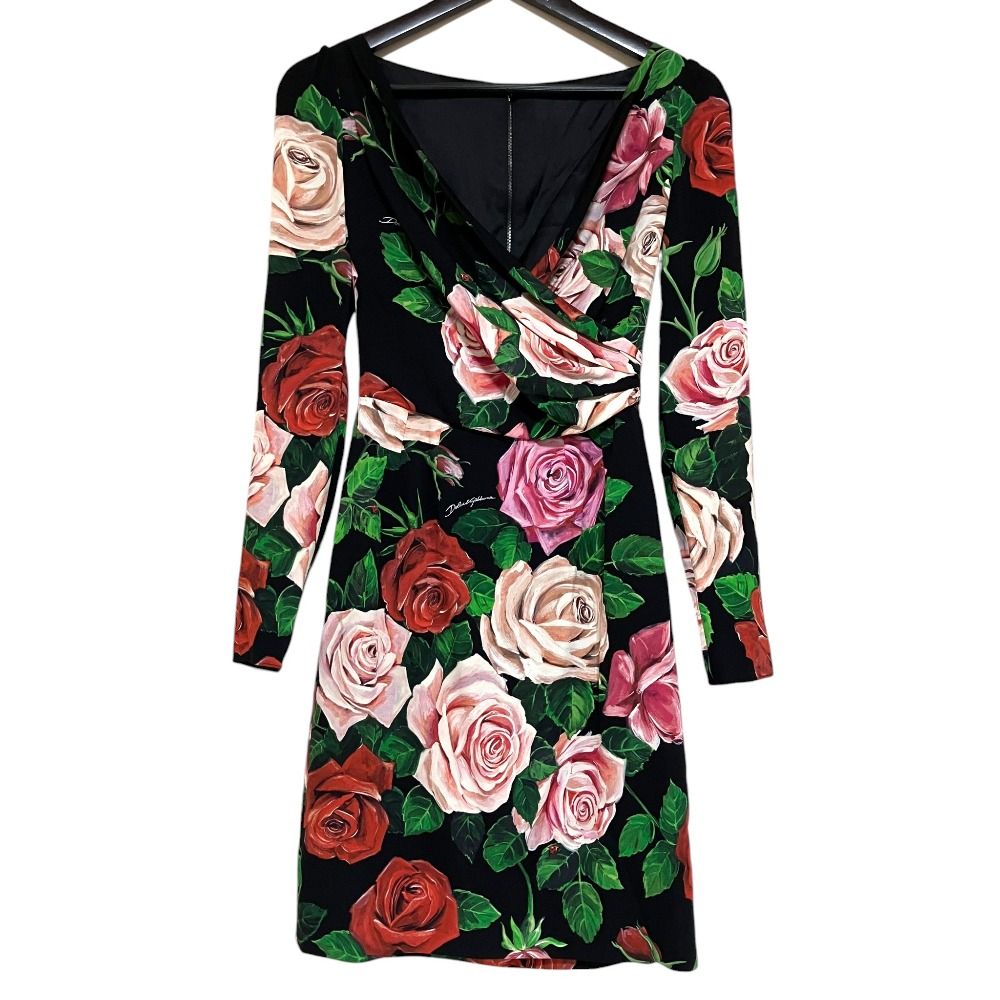 Dolce & Gabbana Rose Print Silk Cache Drape Dress 36 Black