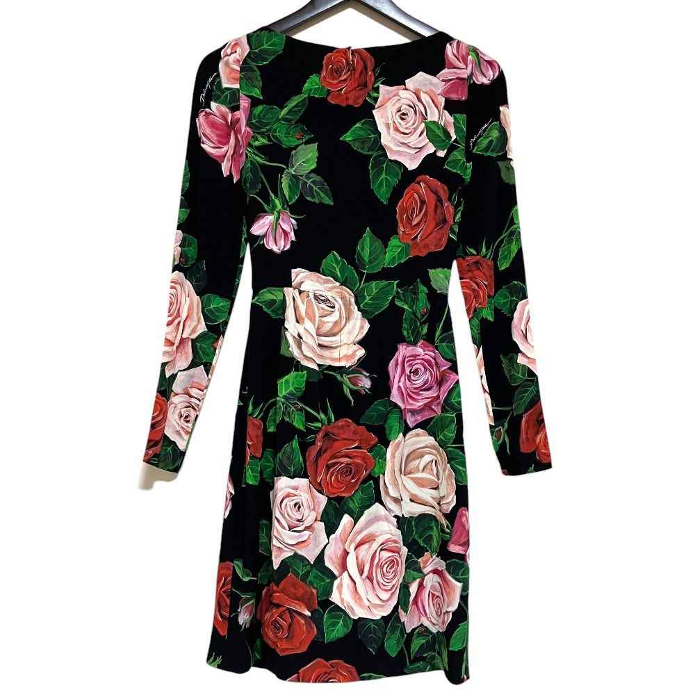 Dolce & Gabbana Rose Print Silk Cache Drape Dress 36 Black — view 2