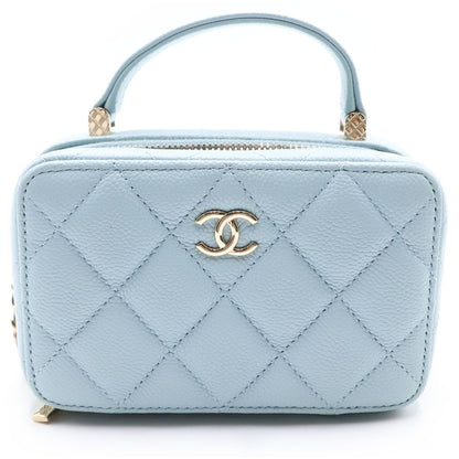 Chanel Quilted Vanity Chain Shoulder Bag Gold Caviar Leather Light Blue