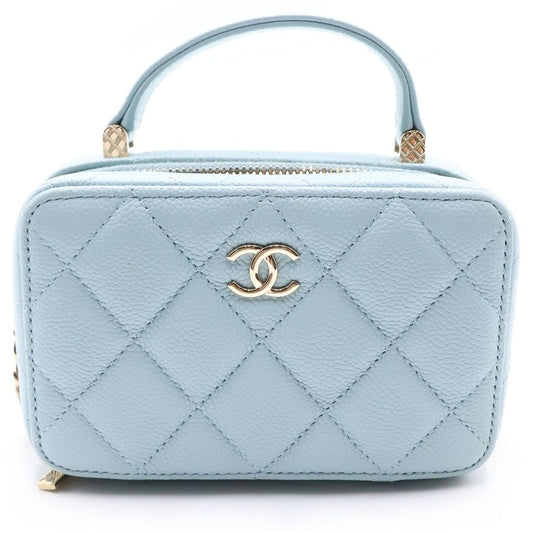 Chanel Quilted Vanity Chain Shoulder Bag Gold Caviar Leather Light Blue