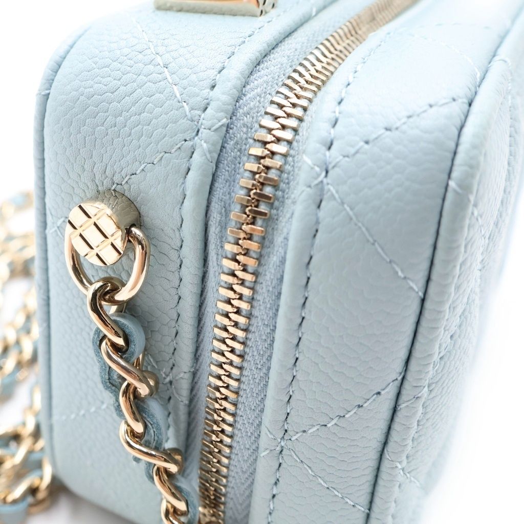 Chanel Quilted Vanity Chain Shoulder Bag Gold Caviar Leather Light Blue — view 6