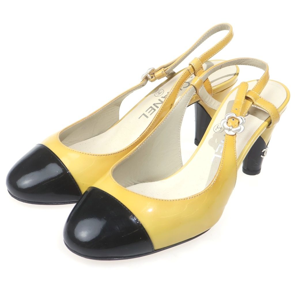 Chanel Camellia Heels Pumps Yellow Black