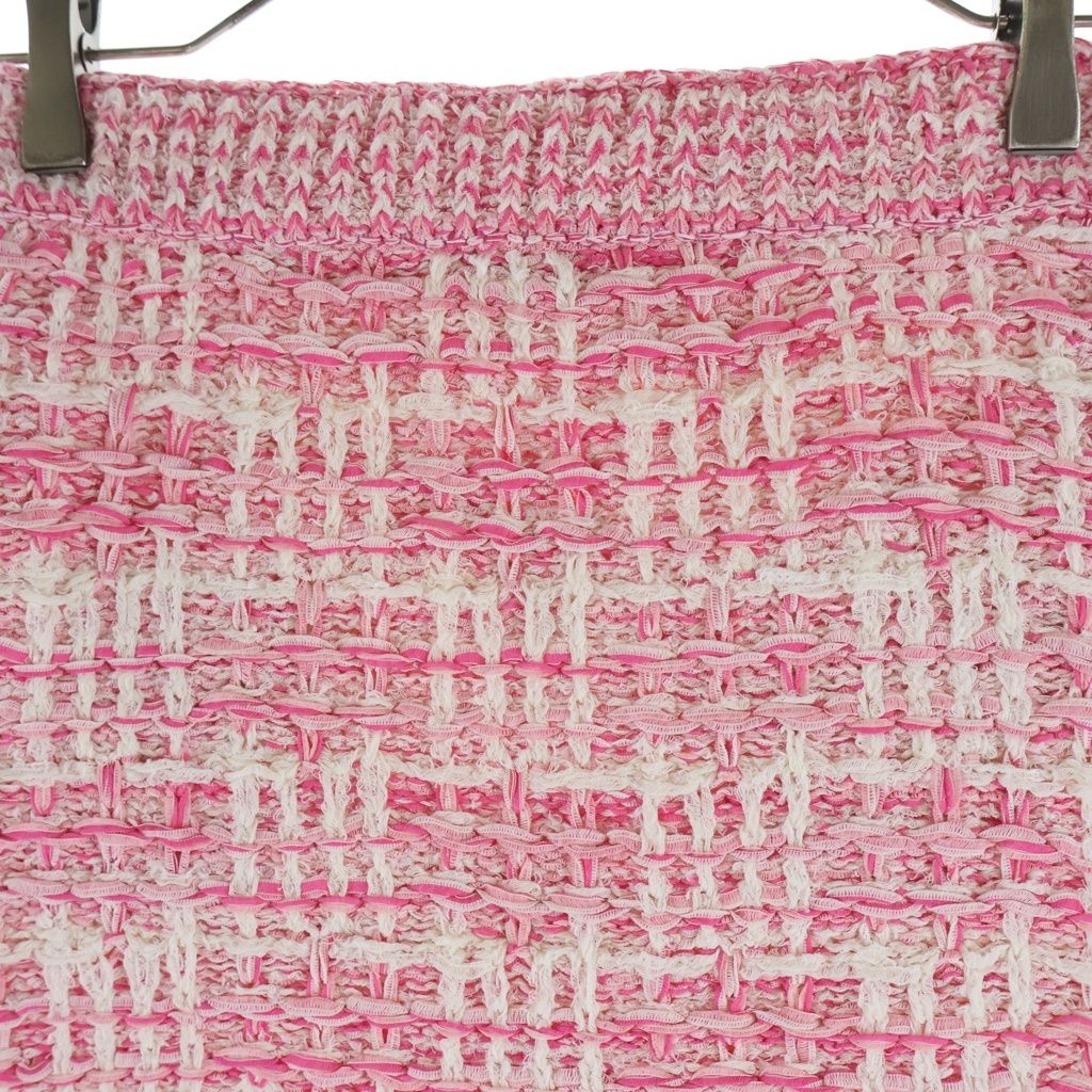Chanel Tweed Fringe Skirt CC Logo Button Pink White — view 4