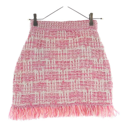 Chanel Tweed Fringe Skirt CC Logo Button Pink White — view 2