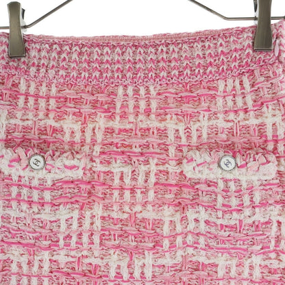 Chanel Tweed Fringe Skirt CC Logo Button Pink White — view 3