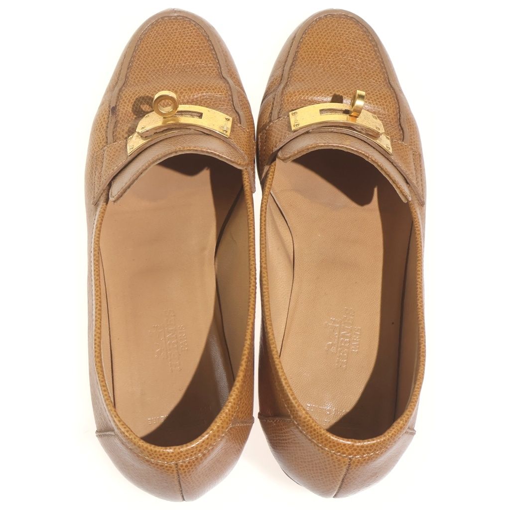 Hermes Kelly Buckle Leather Loafers Shoes Brown Gold — view 4