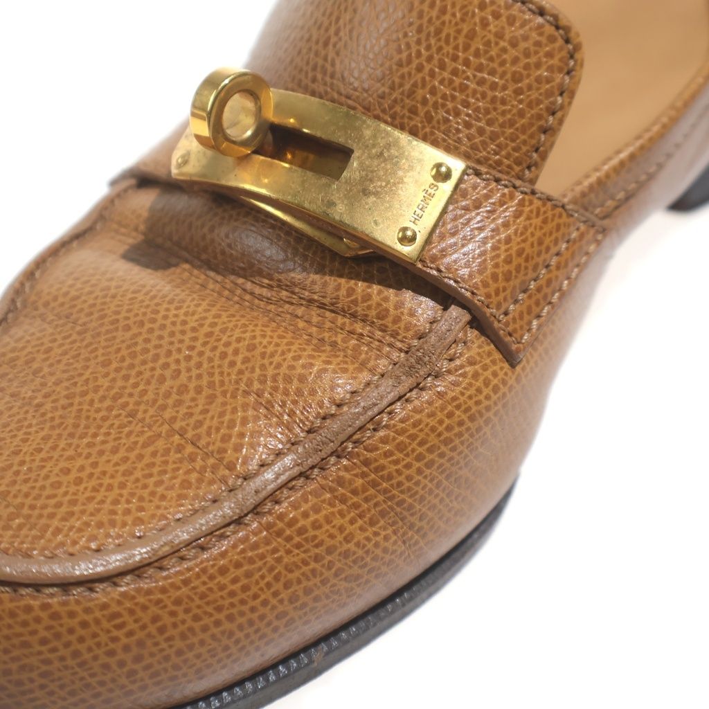 Hermes Kelly Buckle Leather Loafers Shoes Brown Gold — view 6