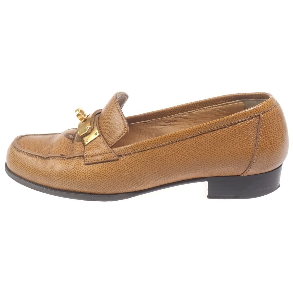 Hermes Kelly Buckle Leather Loafers Shoes Brown Gold