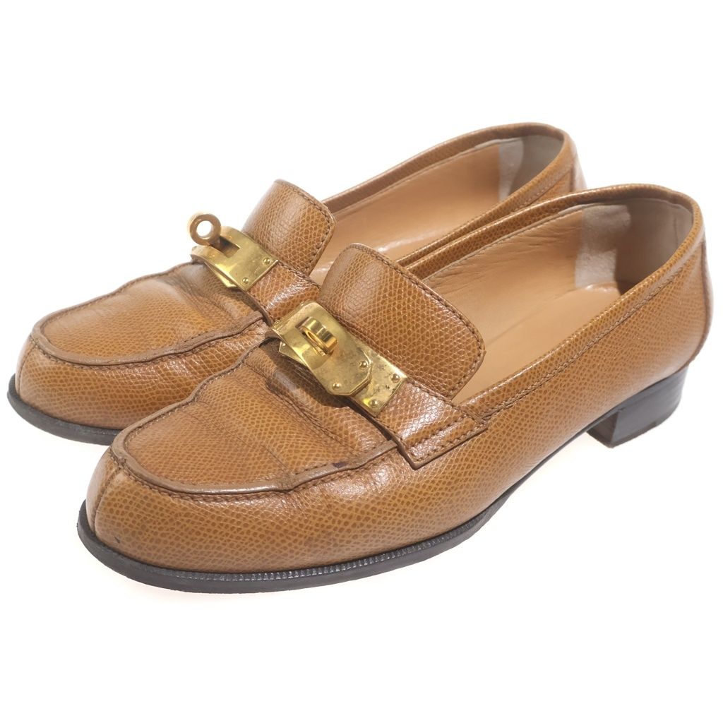 Hermes Kelly Buckle Leather Loafers Shoes Brown Gold — view 2