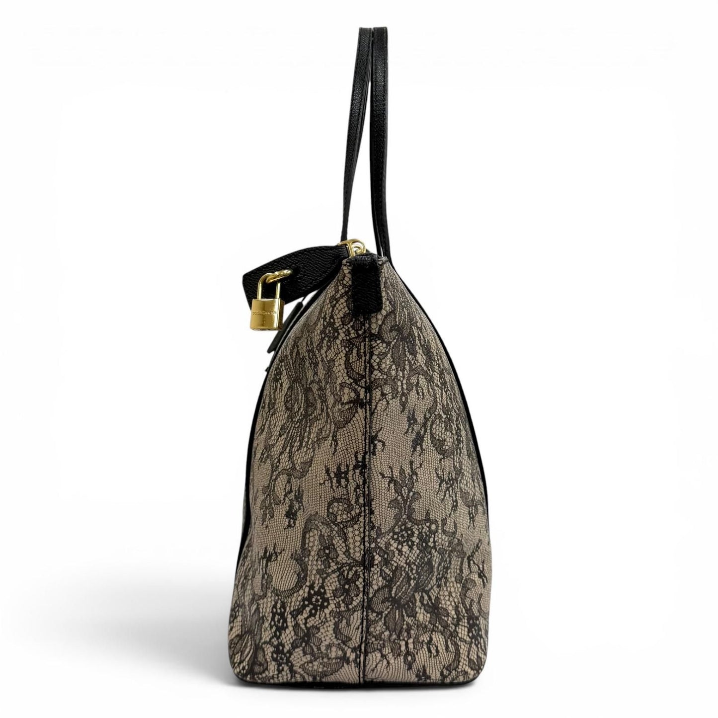 Dolce & Gabbana Lace Print Key Leather Tote Bag Beige Black — view 3