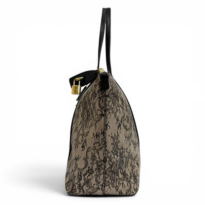 Dolce & Gabbana Lace Print Key Leather Tote Bag Beige Black — view 3