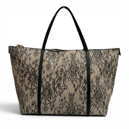 Dolce & Gabbana Lace Print Key Leather Tote Bag Beige Black — view 2