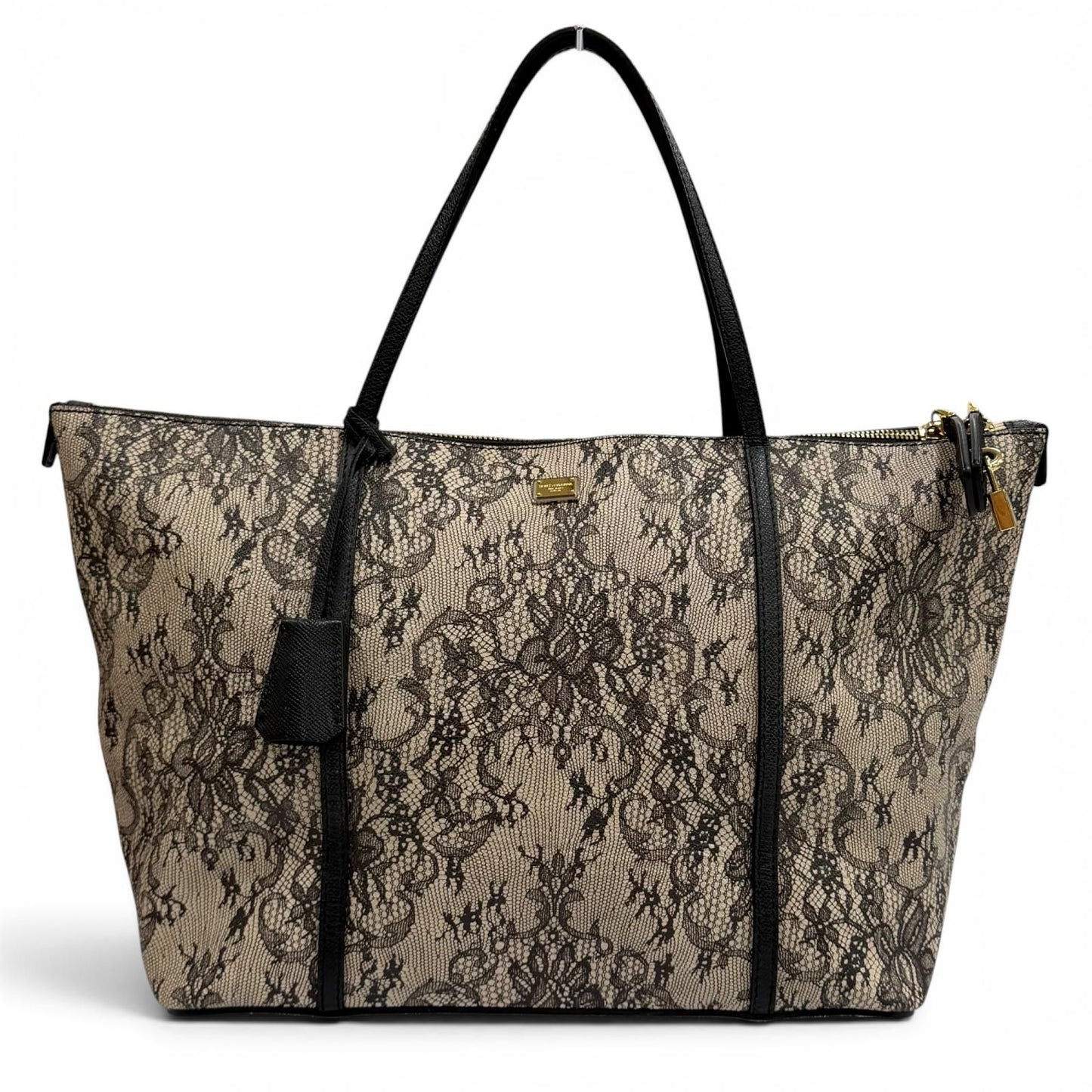 Dolce & Gabbana Lace Print Key Leather Tote Bag Beige Black