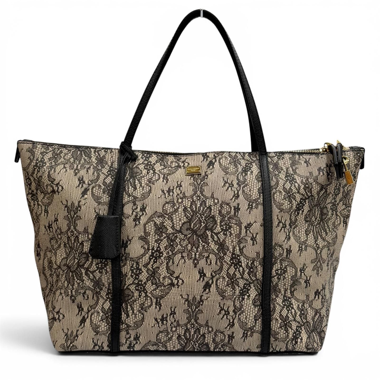 Dolce & Gabbana Lace Print Key Leather Tote Bag Beige Black