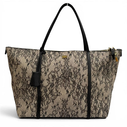 Dolce & Gabbana Lace Print Key Leather Tote Bag Beige Black