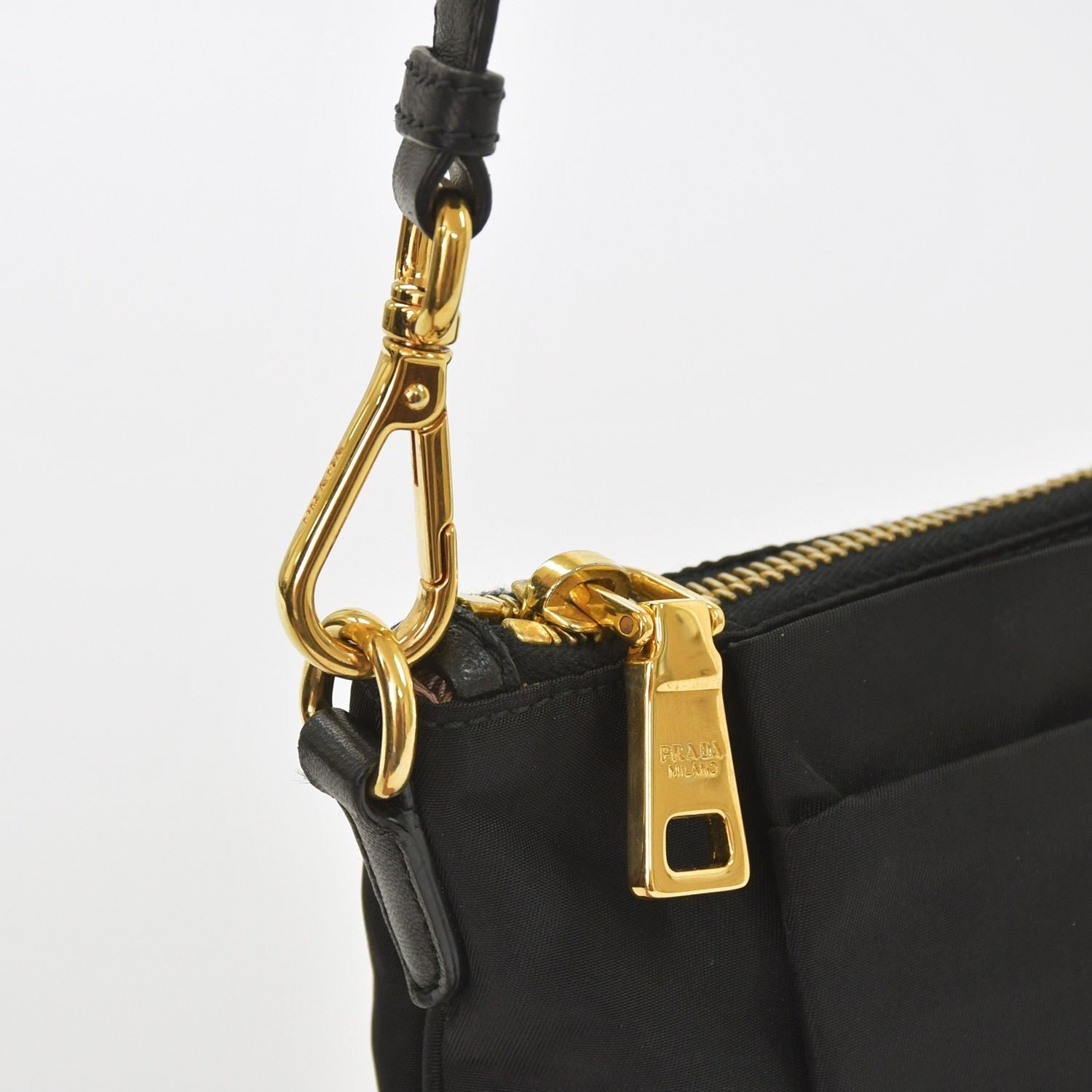 Prada Ribbon Shoulder Bag Triangle Logo Nylon Black Gold — view 6
