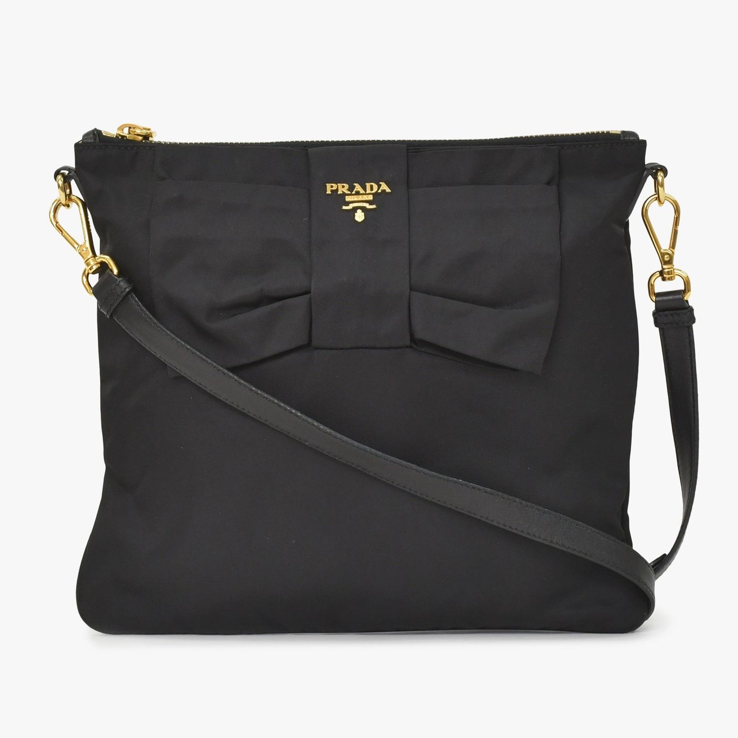 Prada Ribbon Shoulder Bag Triangle Logo Nylon Black Gold