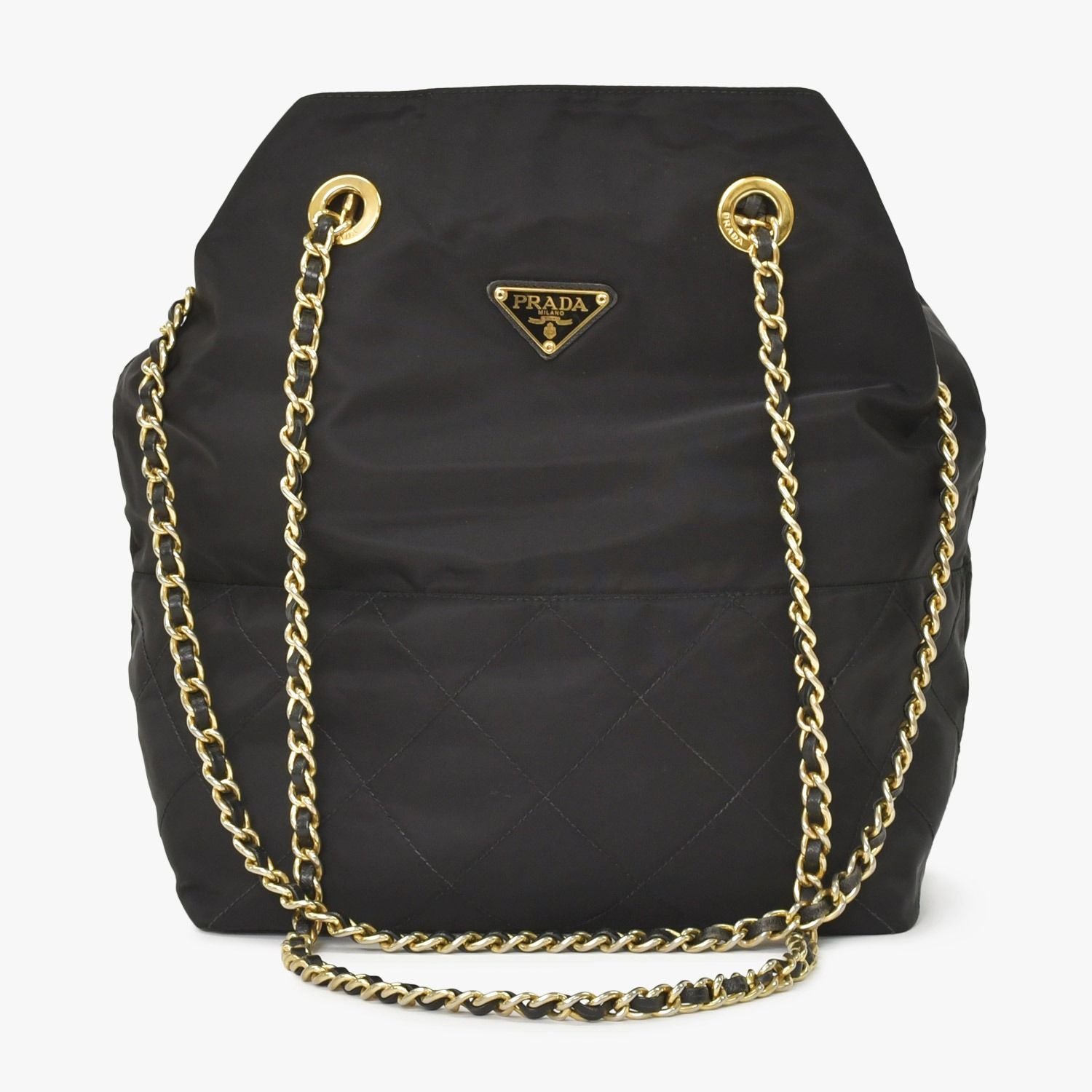 Prada Tote Bag Triangle Logo Nylon Black Gold