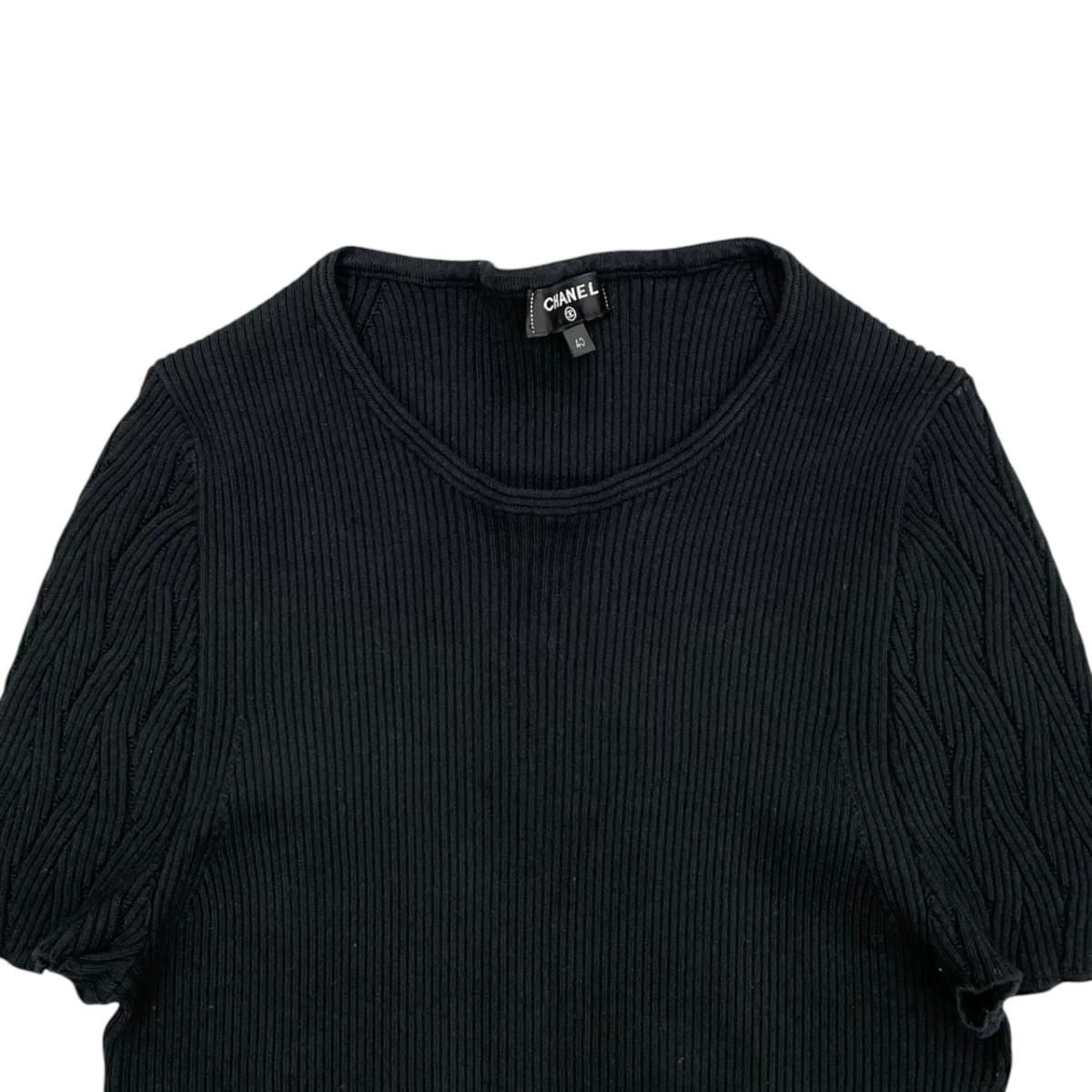 Chanel Short Sleeve Sweater CC Logo Flare Summer Knit 40 Cotton Black — view 3