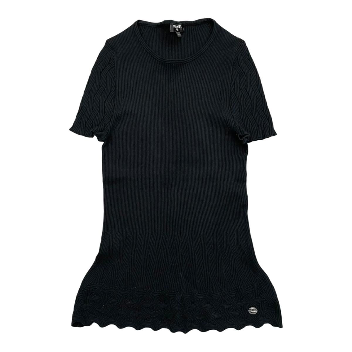 Chanel Short Sleeve Sweater CC Logo Flare Summer Knit 40 Cotton Black