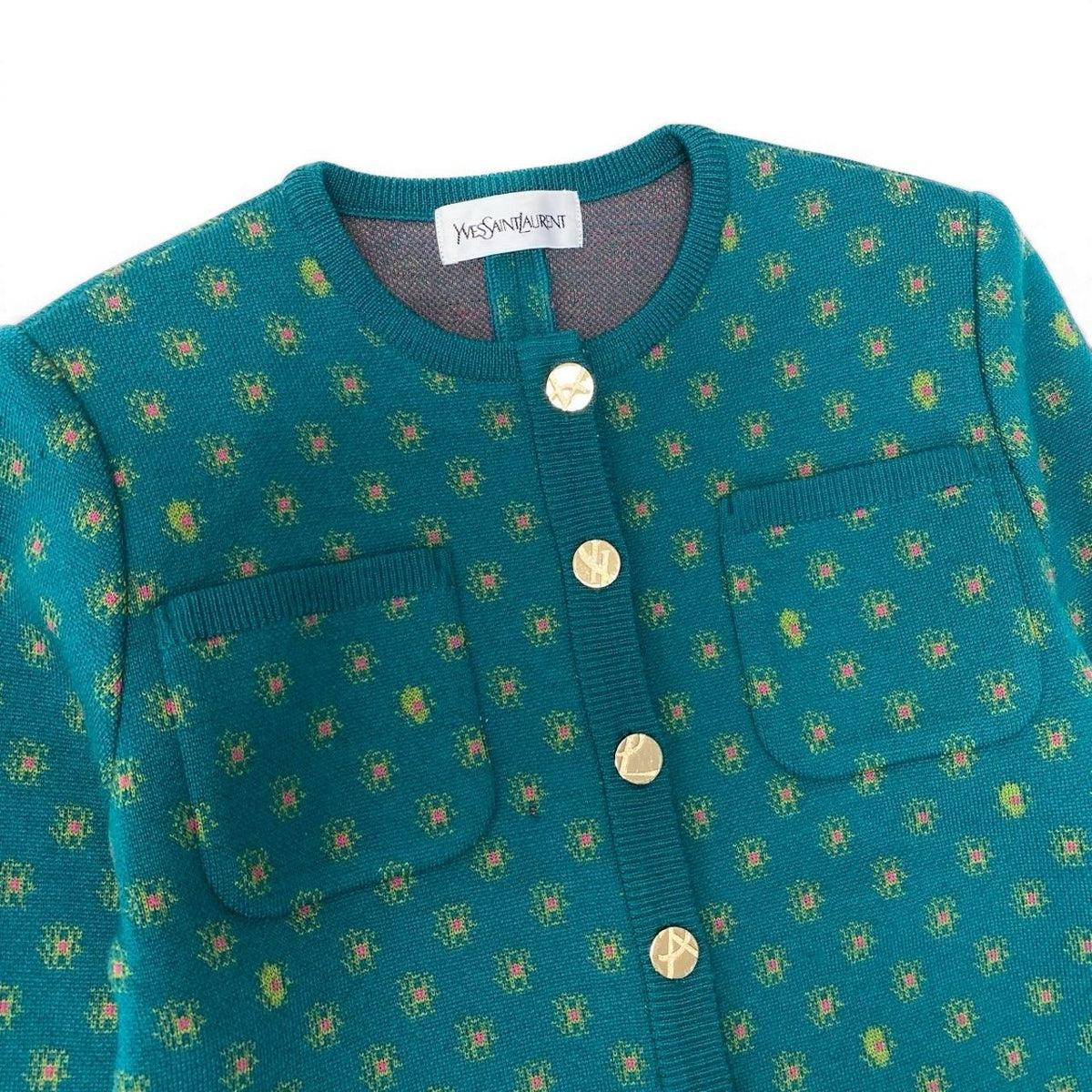 Saint Laurent Yves Saintl Aurent Collarless Jacket Knit Cardigan Gold Button — view 5