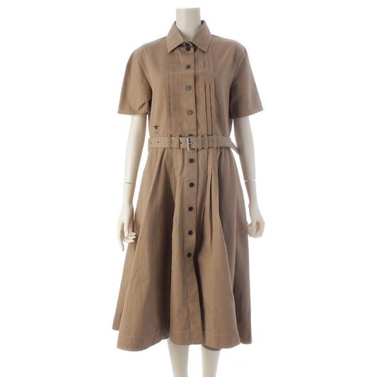 Dior Cotton Logo Belt Short Sleeve Dress Midi Beige 38