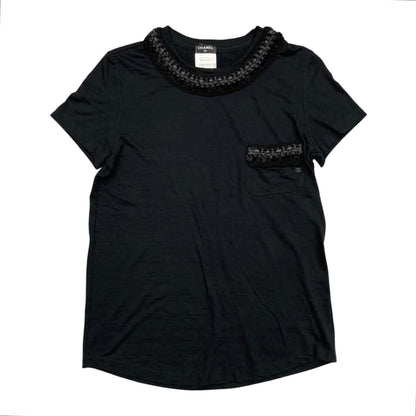 Chanel Short Sleeve Top CC Logo Braided Pocket 38 Wool Black
