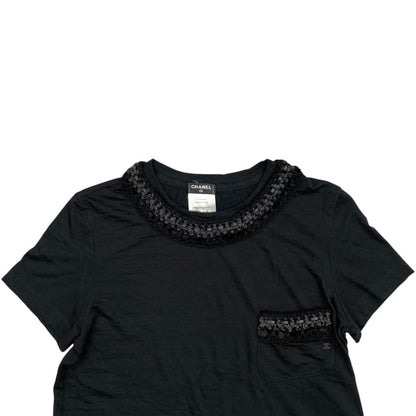 Chanel Short Sleeve Top CC Logo Braided Pocket 38 Wool Black — view 3