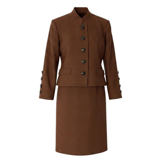 Saint Laurent Set Skirt Suit Plaid Stand Collar Jacket Knee Length S Brown Wool