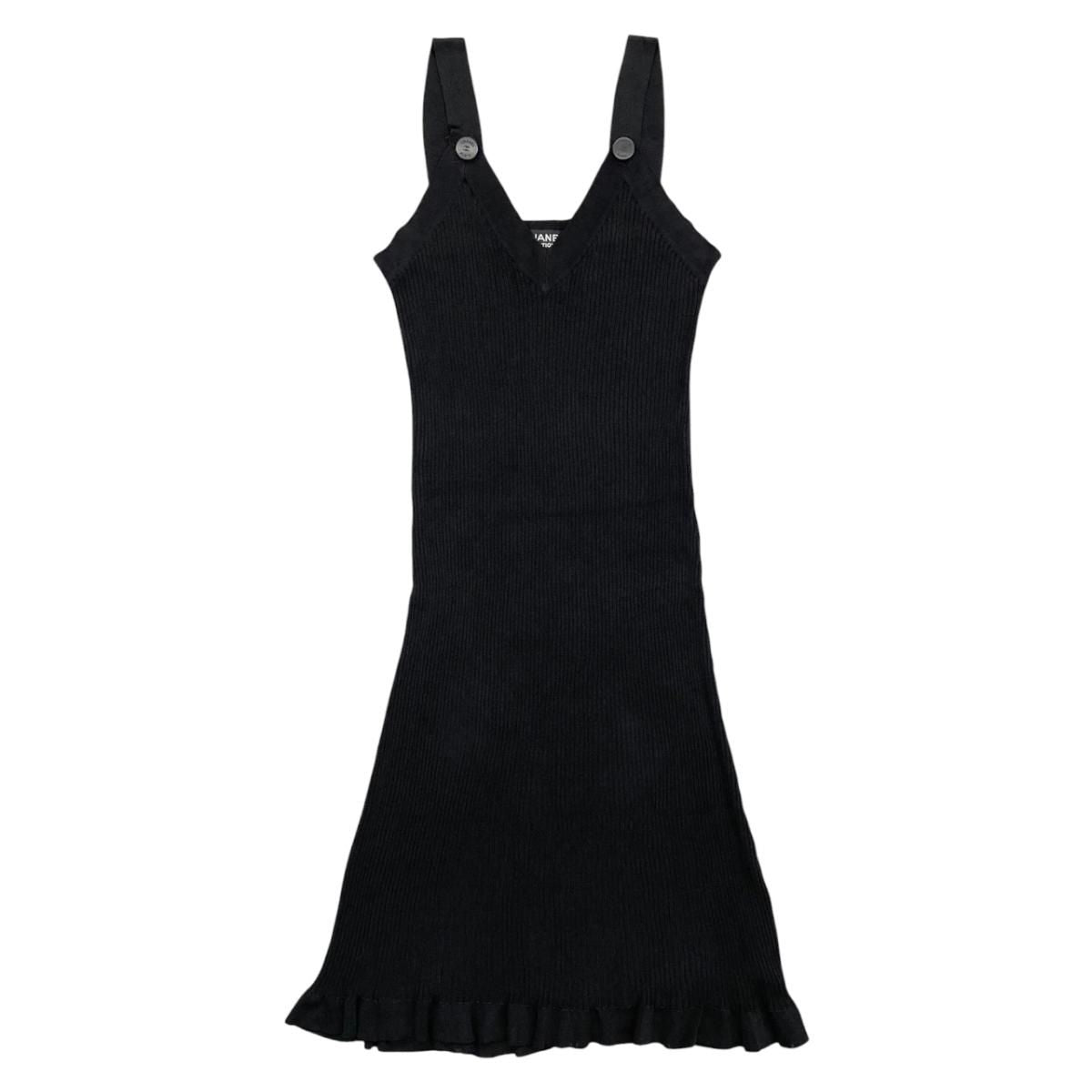 Chanel Sleeveless Dress Rib Knit 38 Viscose CC Logo Button Black