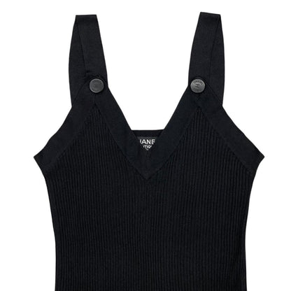 Chanel Sleeveless Dress Rib Knit 38 Viscose CC Logo Button Black — view 3