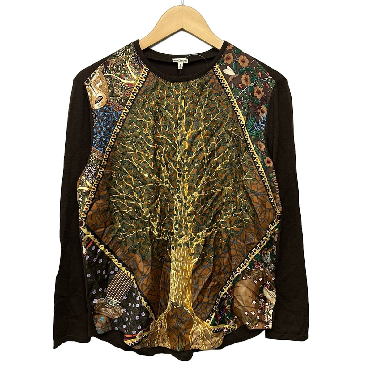 Hermes Long Sleeve Sweater S Dark Brown Multi Crew Neck Front Silk Floral